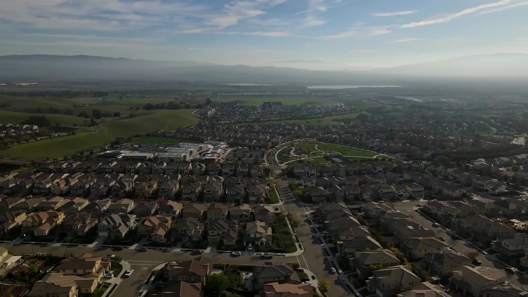 Aerial view over a suburban neighborhood